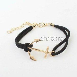 Suede Nautical Anchor Bracelet Island Ship Boat Leather Adjustable Gold Black
